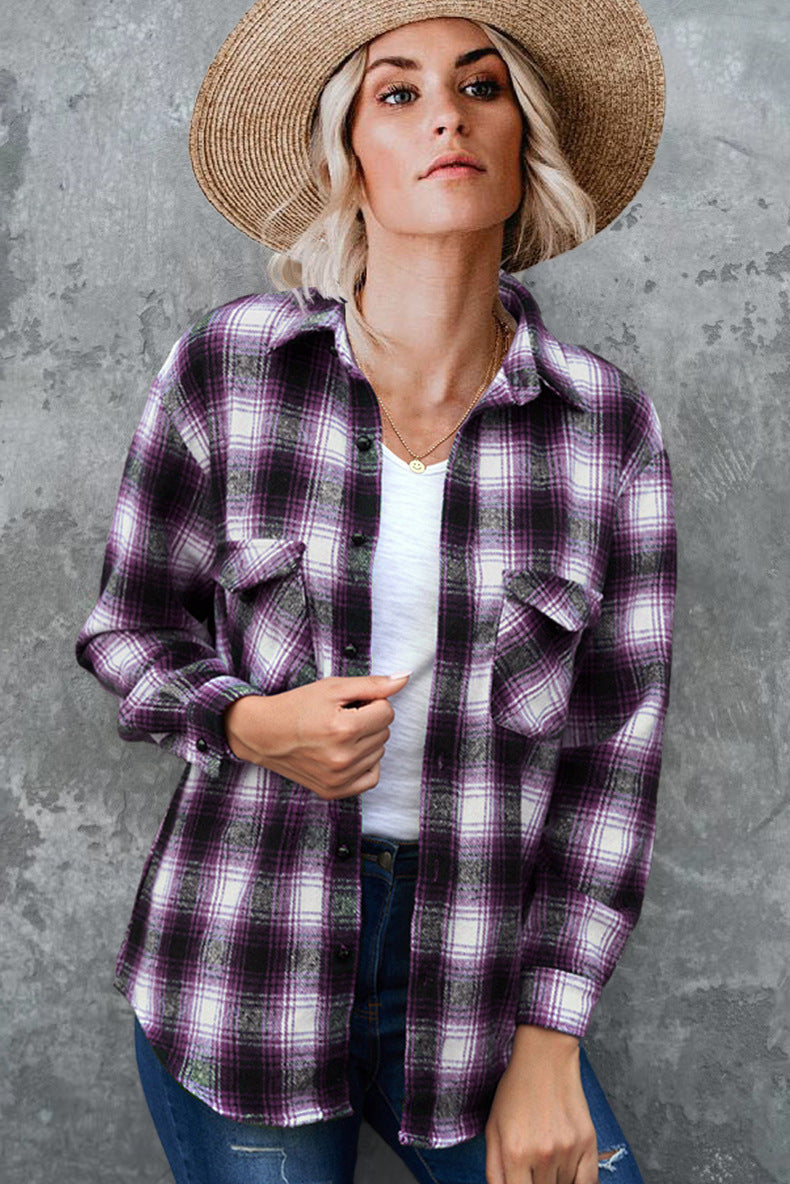 Damen Flanell Hemd im Vintage-Stil mit Karomuster und Brusttaschen EB