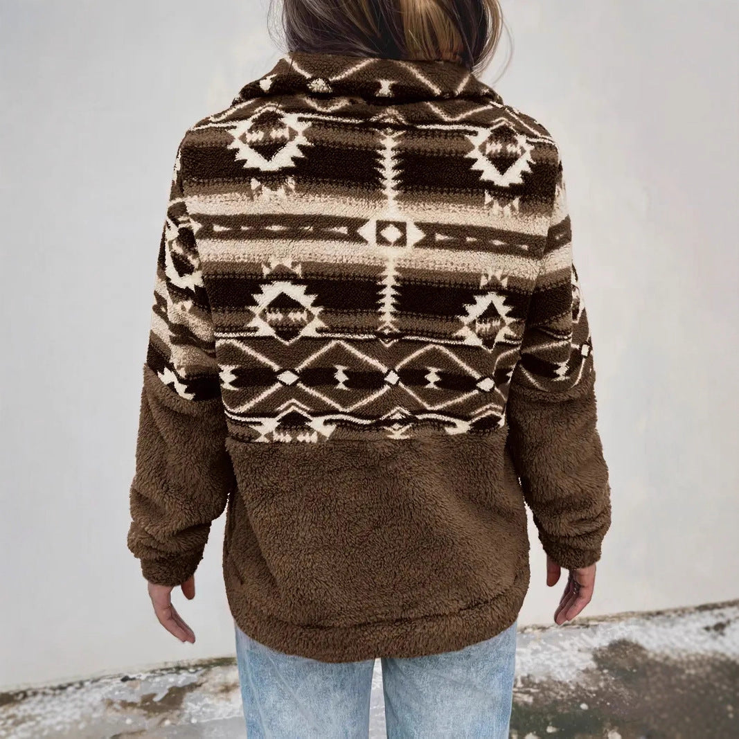 Damen Fleece-Pullover mit modernem Aztekenmuster und Stehkragen EB