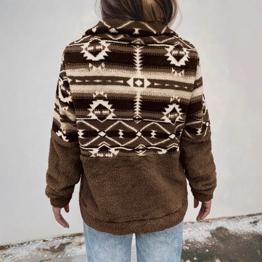 Damen Fleece-Pullover mit modernem Aztekenmuster und Stehkragen EB