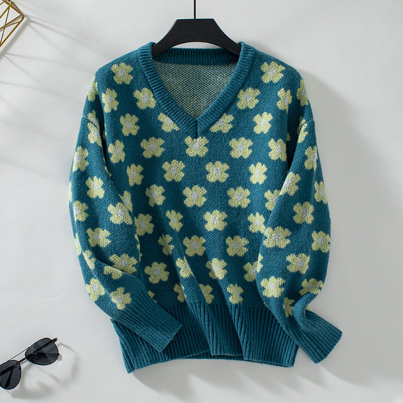 Damen Strickpullover mit floralem Muster und V-Ausschnitt EB