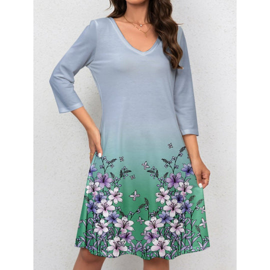 Damen V-Ausschnitt Sommerkleid mit floralem Aquarell-Design und ¾-Ärmeln EB