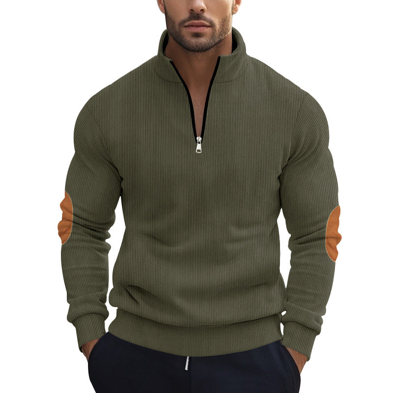 Herren nan strukturierter Baumwoll-Strickpullover mit halbem Reißverschluss und Ellenbogenbesatz EB