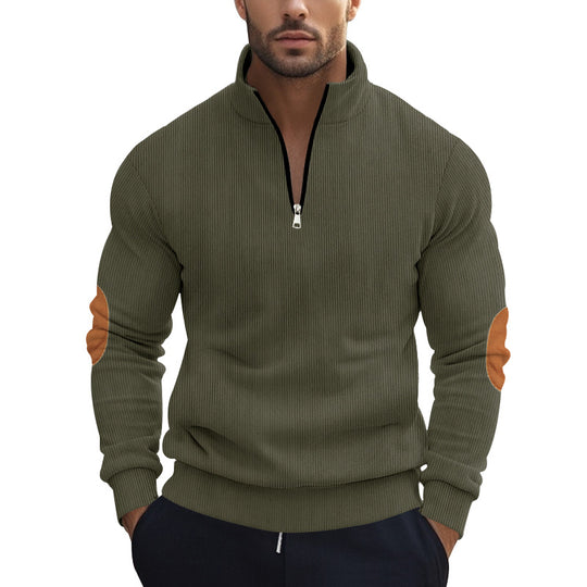 Herren nan strukturierter Baumwoll-Strickpullover mit halbem Reißverschluss und Ellenbogenbesatz EB