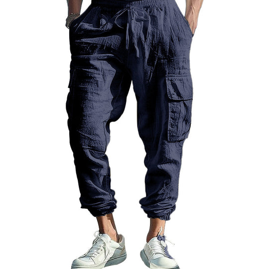 Herren nan lässige Cargohose im Joggerstil mit Crinkle-Leinenoptik Kordelbund und Mehrfachtaschen EB