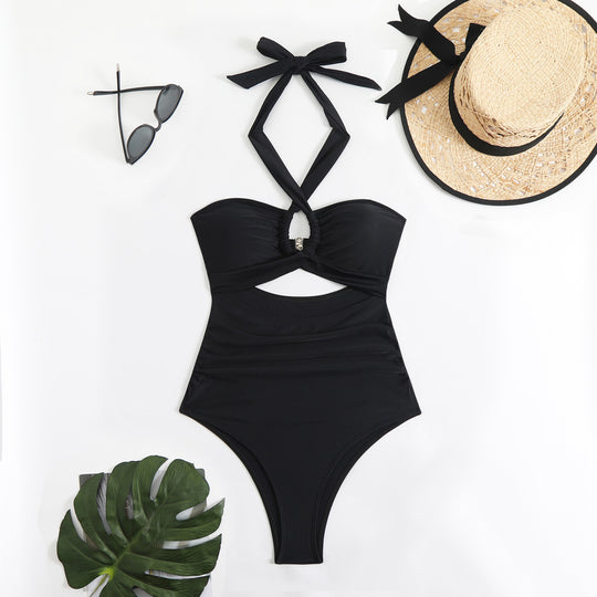 Damen einteiliger Badeanzug mit innovativem Cut-Out-Design und verspieltem Schleifenband EB