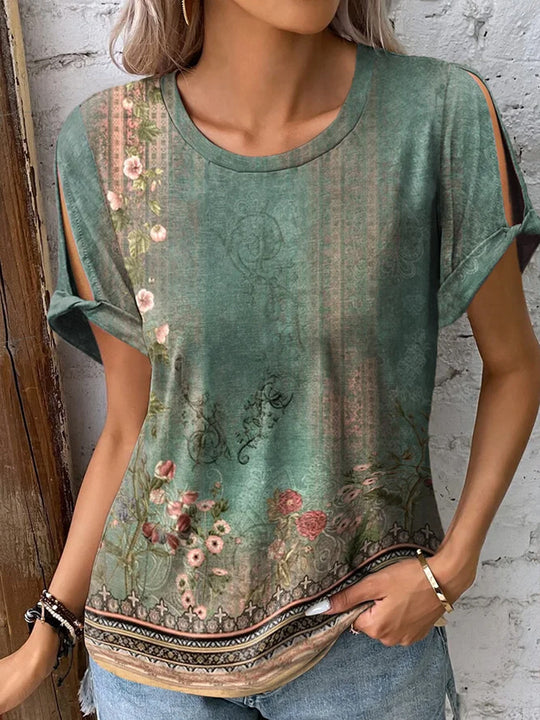 Damen T-Shirt mit floralem Muster und cut-out Ärmeln EB
