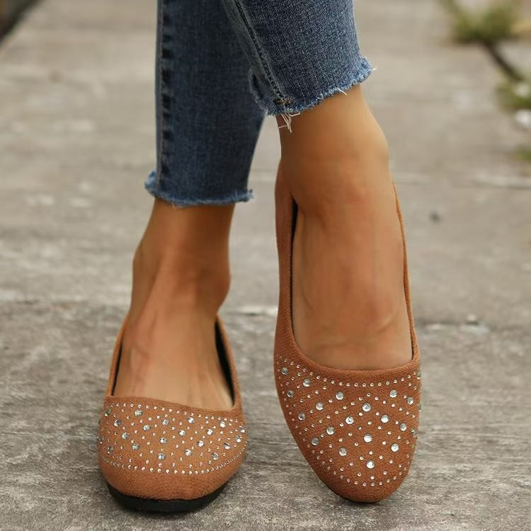Damen  flache Ballerina-Slipper aus Veloursimitat mit Strassapplikation und gepolsterter Komfortinnensohle EB
