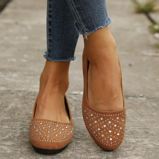 Damen  flache Ballerina-Slipper aus Veloursimitat mit Strassapplikation und gepolsterter Komfortinnensohle EB