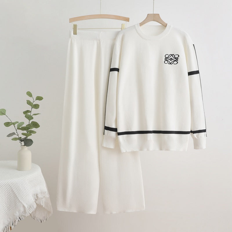 Damen modisches Freizeit-Loungewear-Set mit breiten Beinen und dezentem Logo EB