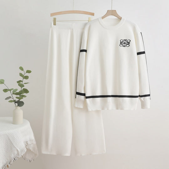 Damen modisches Freizeit-Loungewear-Set mit breiten Beinen und dezentem Logo EB