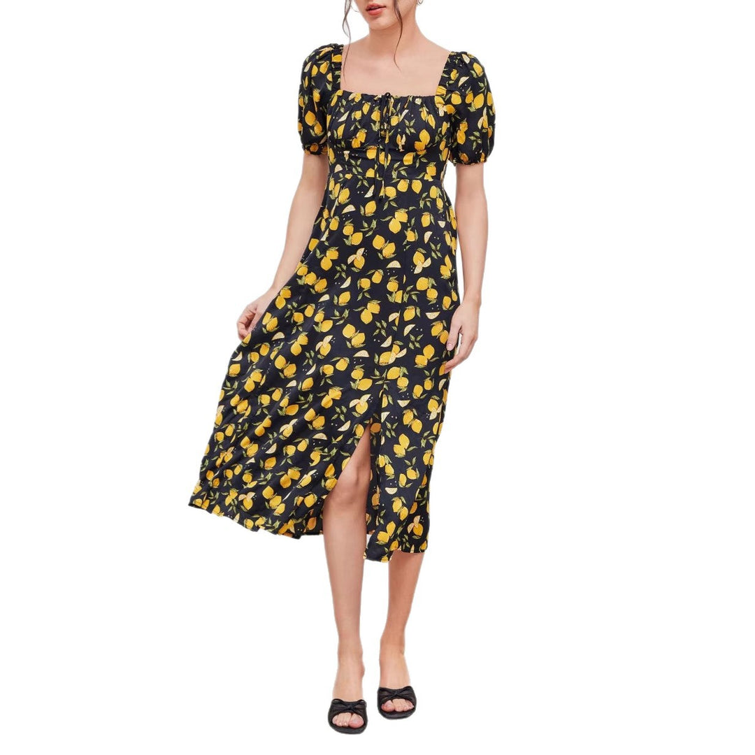 Damen Maxikleid mit pflanzlichem Muster und raffiniertem Schlitz EB