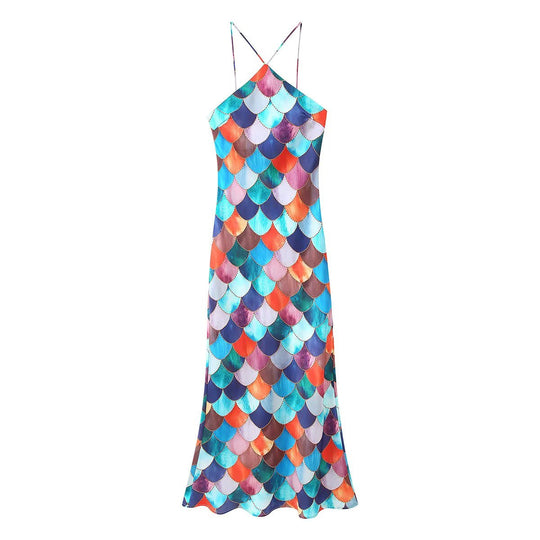 Damen Maxikleid aus fließendem Chiffon mit maritimem Schuppenmuster EB