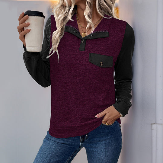 Damen modischer Langarm-Pullover mit praktischer Brusttasche und Knopfleiste EB