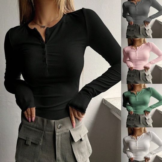 Damen Langarmshirt mit Knopfleiste und feiner Rippstruktur EB