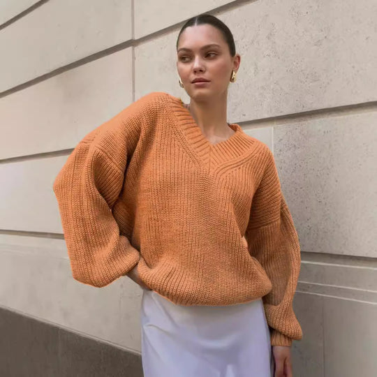 Damen lässiger Pullover mit V-Ausschnitt und voluminösen Ärmeln EB