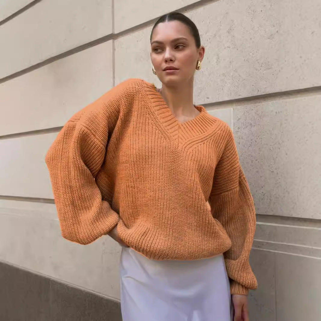Damen V-Ausschnitt Strickpullover mit voluminösen Ärmeln und strukturierter Oberfläche EB