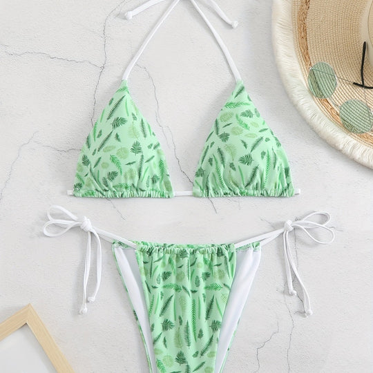 Damen trendiger Triangel-Bikini mit botanischem Muster EB