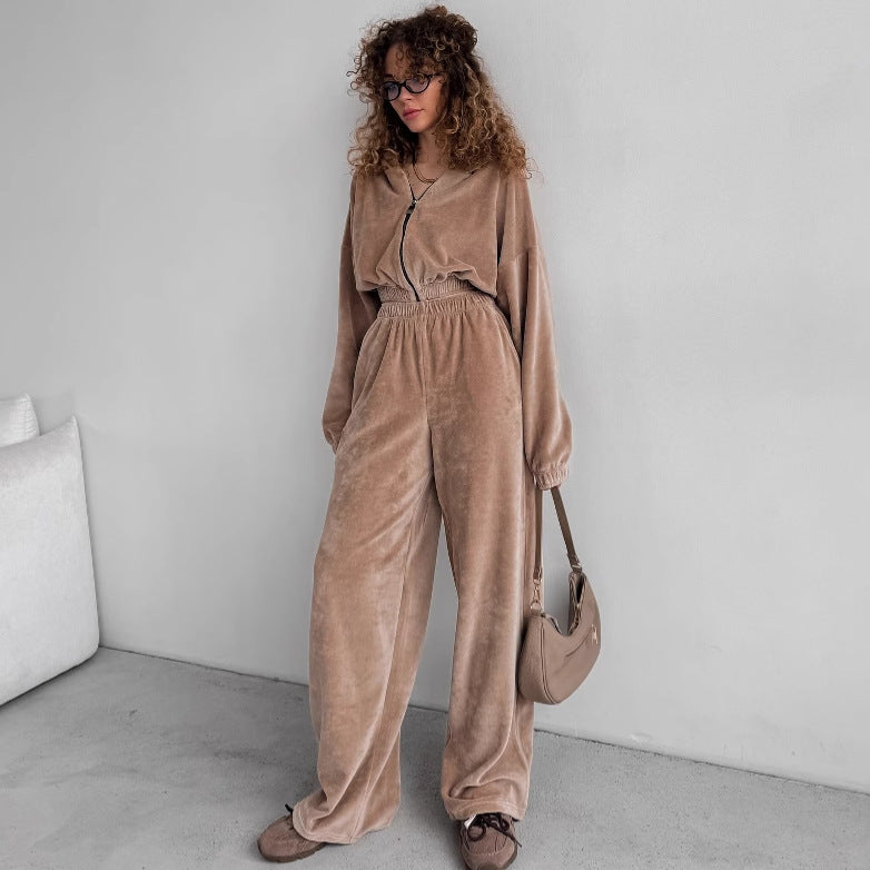 Damen nan Samt-Loungewear-Zweiteiler mit kurzem Frontzip, elastischem Komfortbund und weitem Hosenbein EB