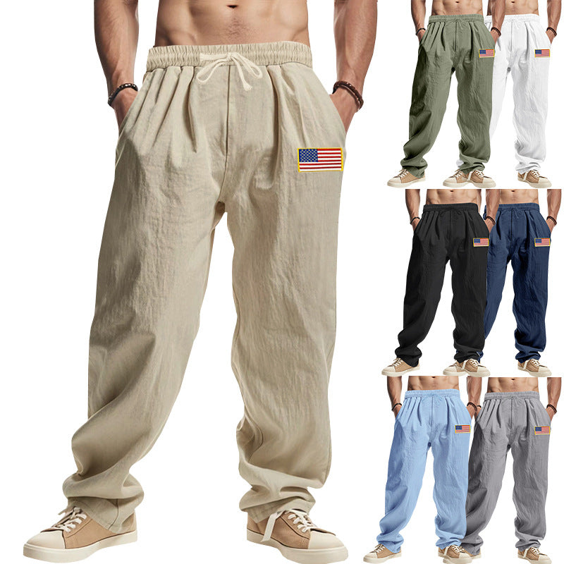 Herren Locker sitzende Freizeit-Hose im Leinen-Look mit elastischem Bund, Kordelzug & Flaggenpatch EB