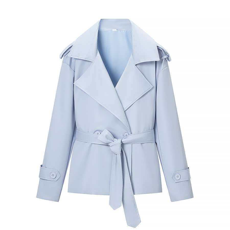 Damen nan kurze Trenchcoat Jacke mit Taillengürtel breitem Revers und dekorativen Schulterklappen EB