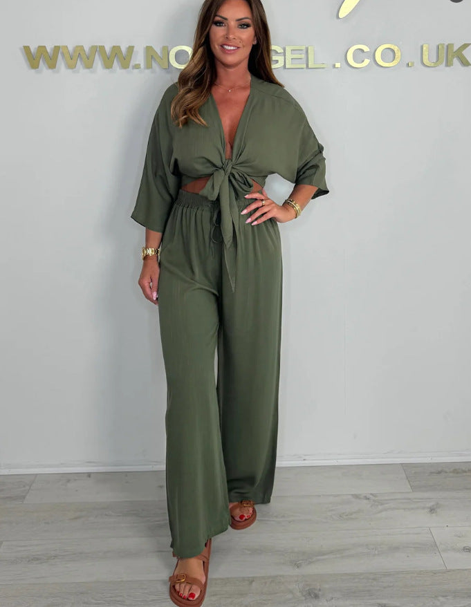 Damen Eleganter Jumpsuit mit verspieltem Knoten und weit geschnittenen Beinen EB