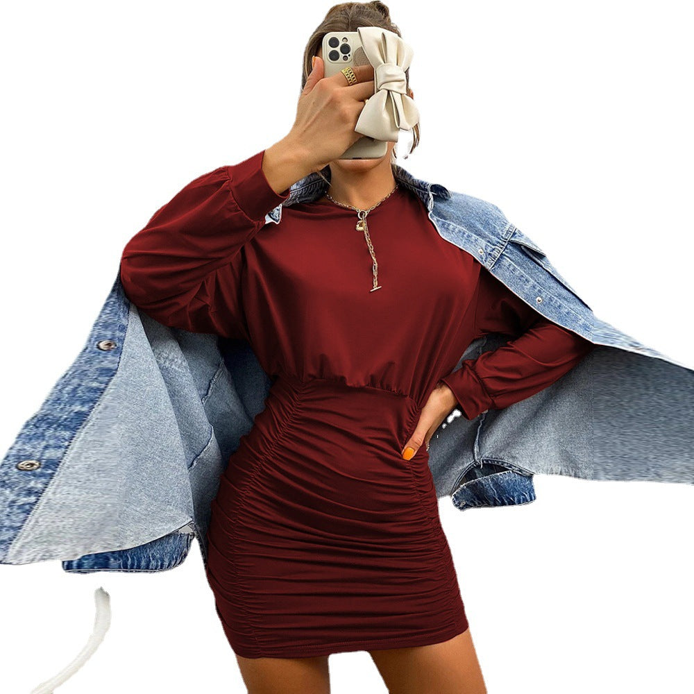 Damen gesmoktes Mini-Kleid mit überschnittener Langarm-Sweatoberteil und taillierter Raffung Eichborn Berlin