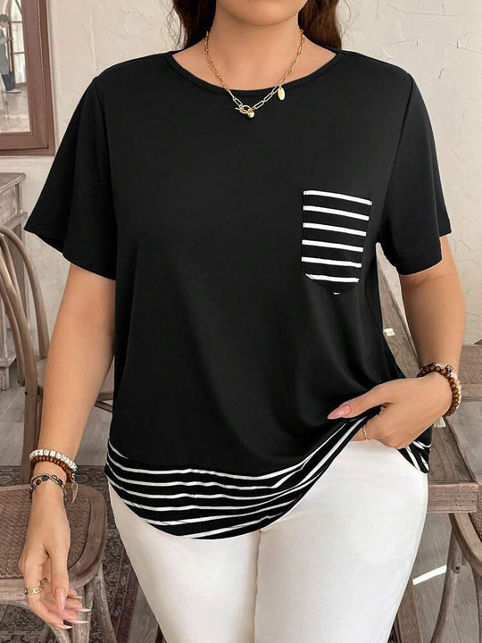 Damen Legeres T-Shirt mit gestreiftem Saum und Brusttasche EB