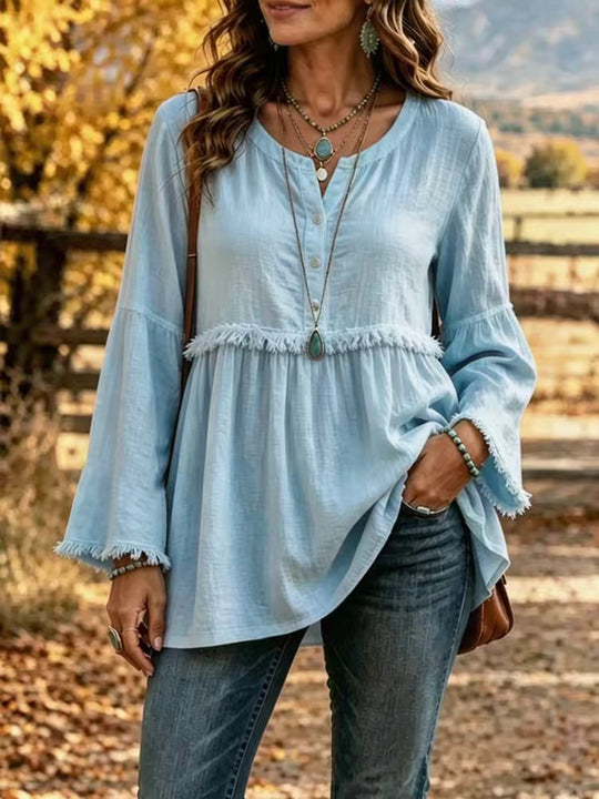 Damen Fransen-Tunika-Bluse mit V-Ausschnitt und Glockenärmeln EB