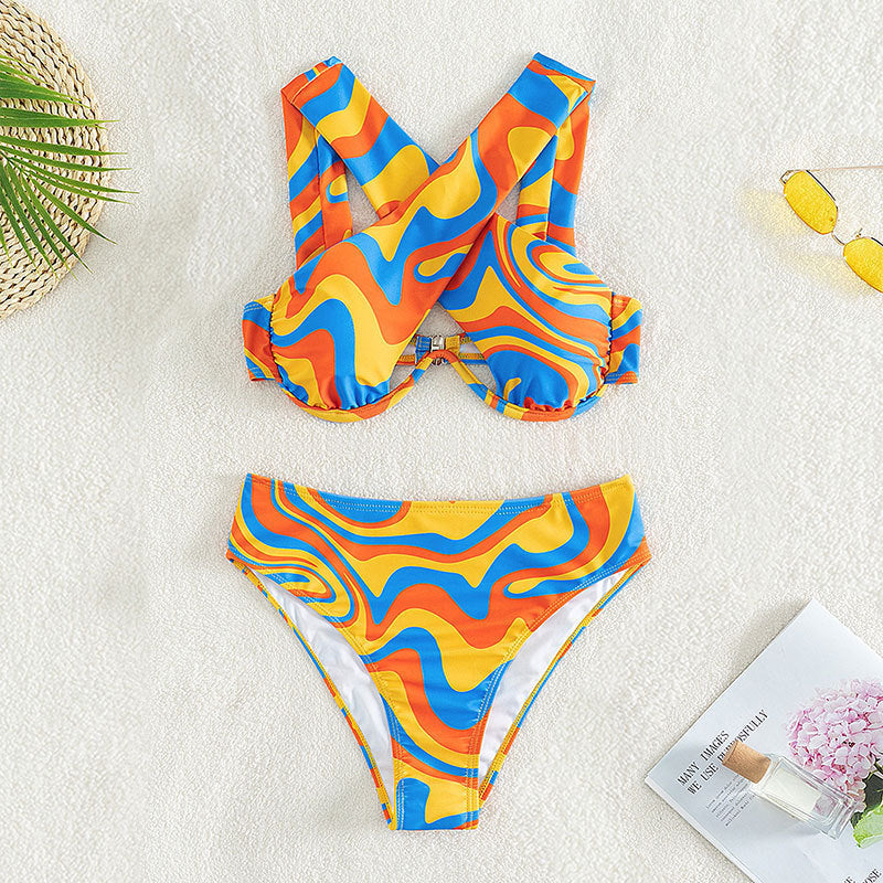 Damen Sportliches Bikini-Set mit auffälligem Wellenmuster EB