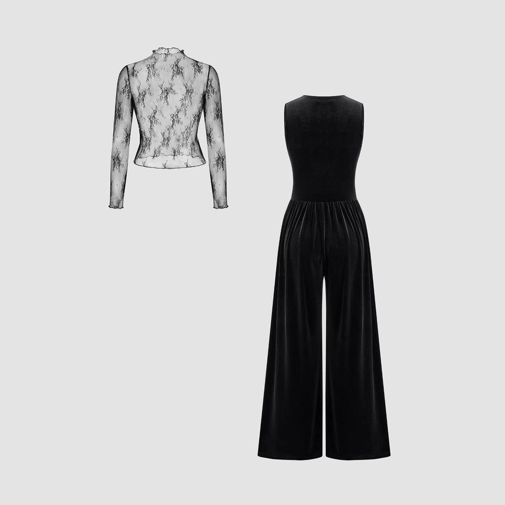 Damen elegante Spitzenbluse mit schmalem Schnitt und weitem Hosenanzug EB