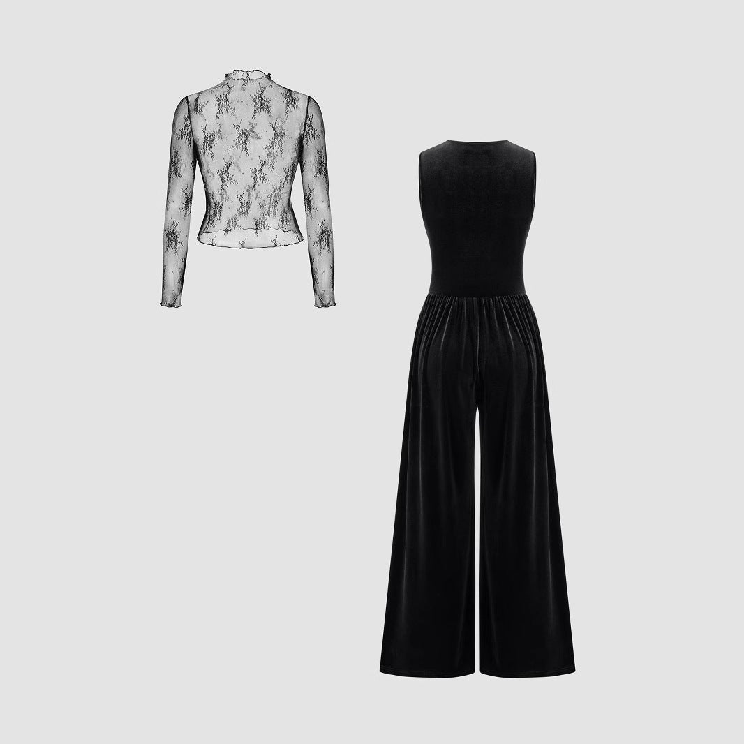 Damen elegante Spitzenbluse mit schmalem Schnitt und weitem Hosenanzug EB