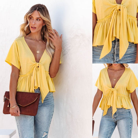 Damen Kurzarm Bluse mit knotbarem Design und frilligem Saum EB