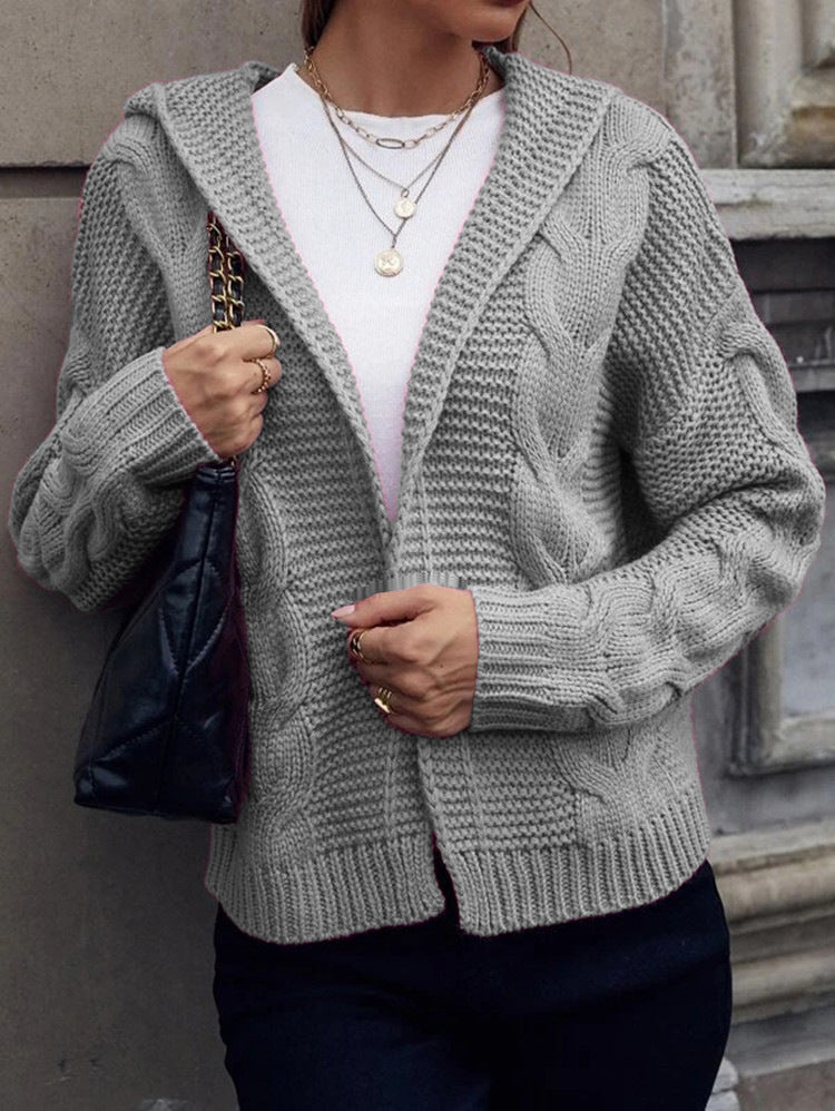 Damen Strickjacke mit Kapuze und dekorativem Kabelmuster EB