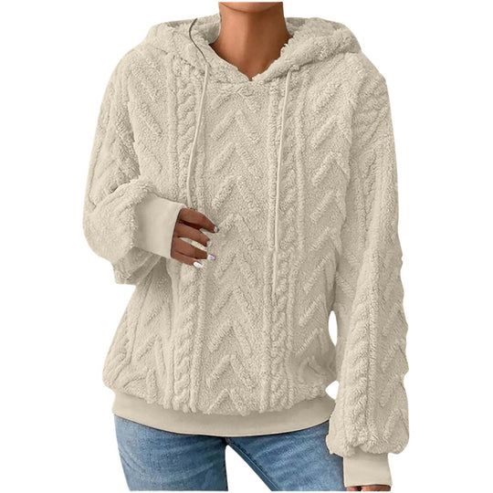 Damen nan kuscheliger Kapuzenpullover mit Zopfmuster Eingrifftaschen und Rippbündchen EB