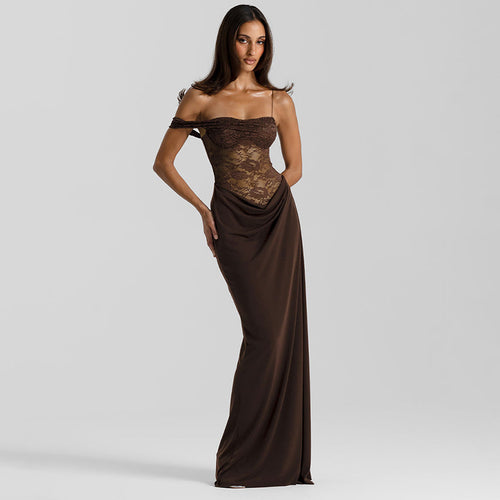 Damen Off-Shoulder Abendkleid mit raffinierten Spitzen-Applikationen und fließendem Material EB