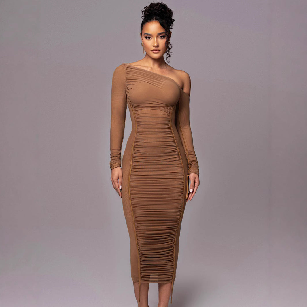 Damen Elegantes One-Shoulder Kleid mit Rüschen EB