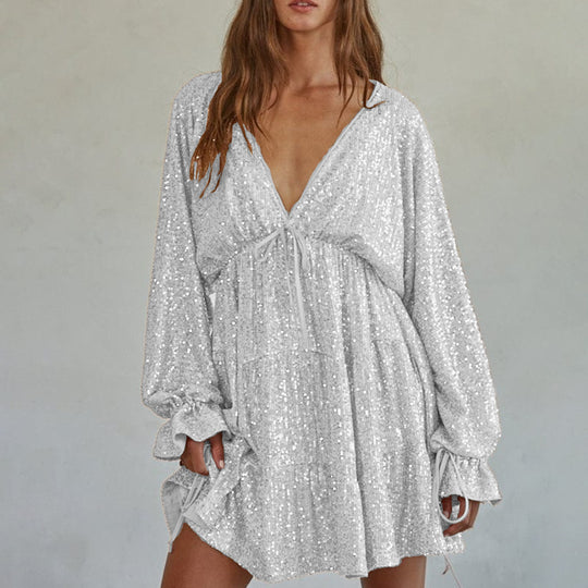 Damen Funkelndes Festkleid mit V-Ausschnitt und Rüschendetails EB