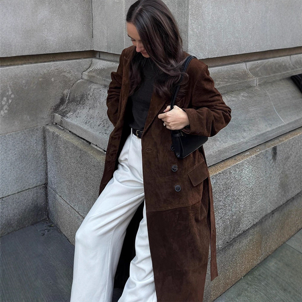 Damen Eleganter Wildledermantel mit Taillengürtel EB