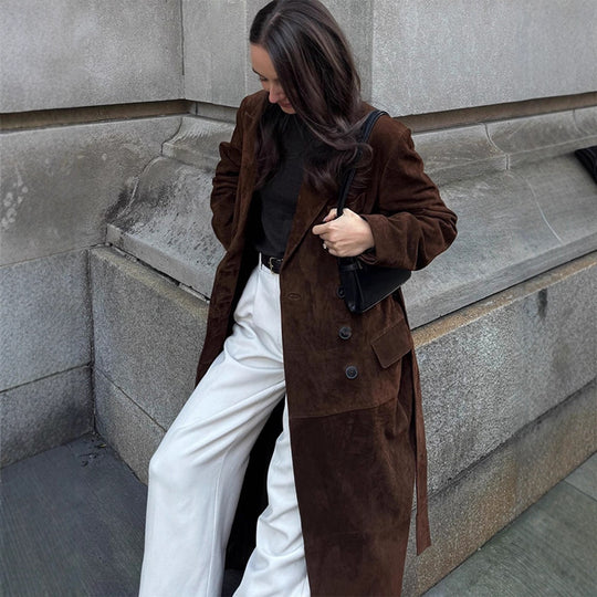 Damen Eleganter Wildledermantel mit Taillengürtel EB