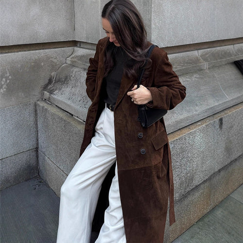 Damen Eleganter Wildledermantel mit Taillengürtel EB