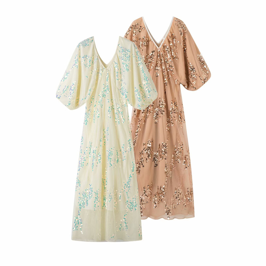 Damen Maxikleid mit voluminösen Puffärmeln und floralem Strassdesign EB