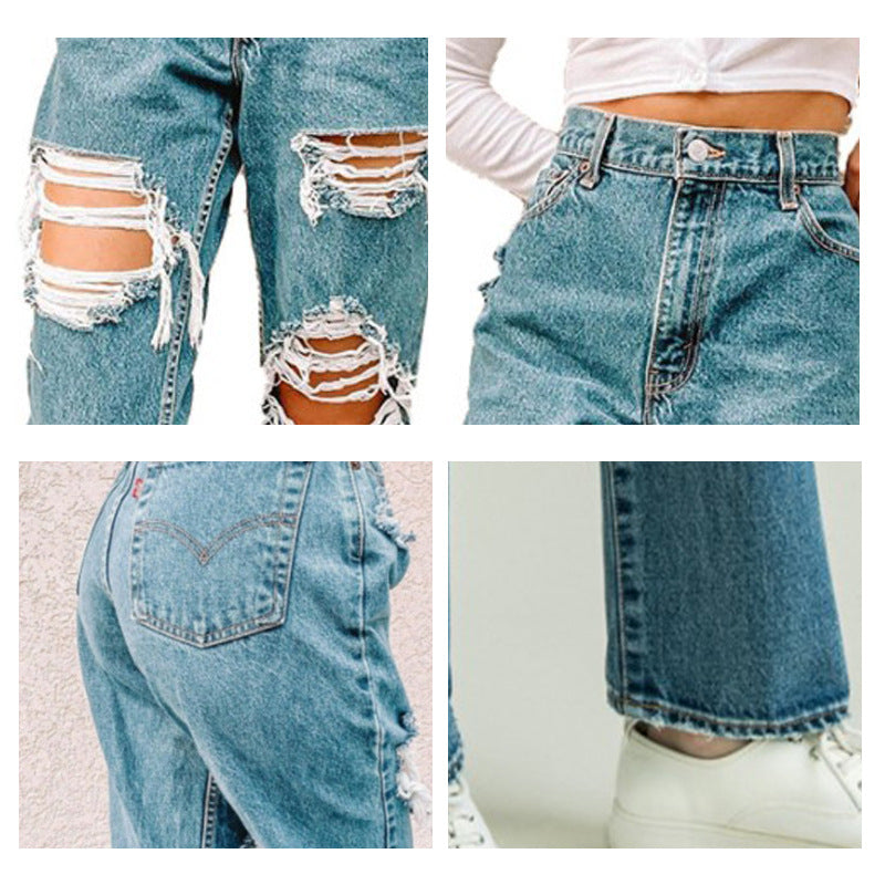 Damen Vintage High-Waist Destroyed Jeans mit fransigen Details EB