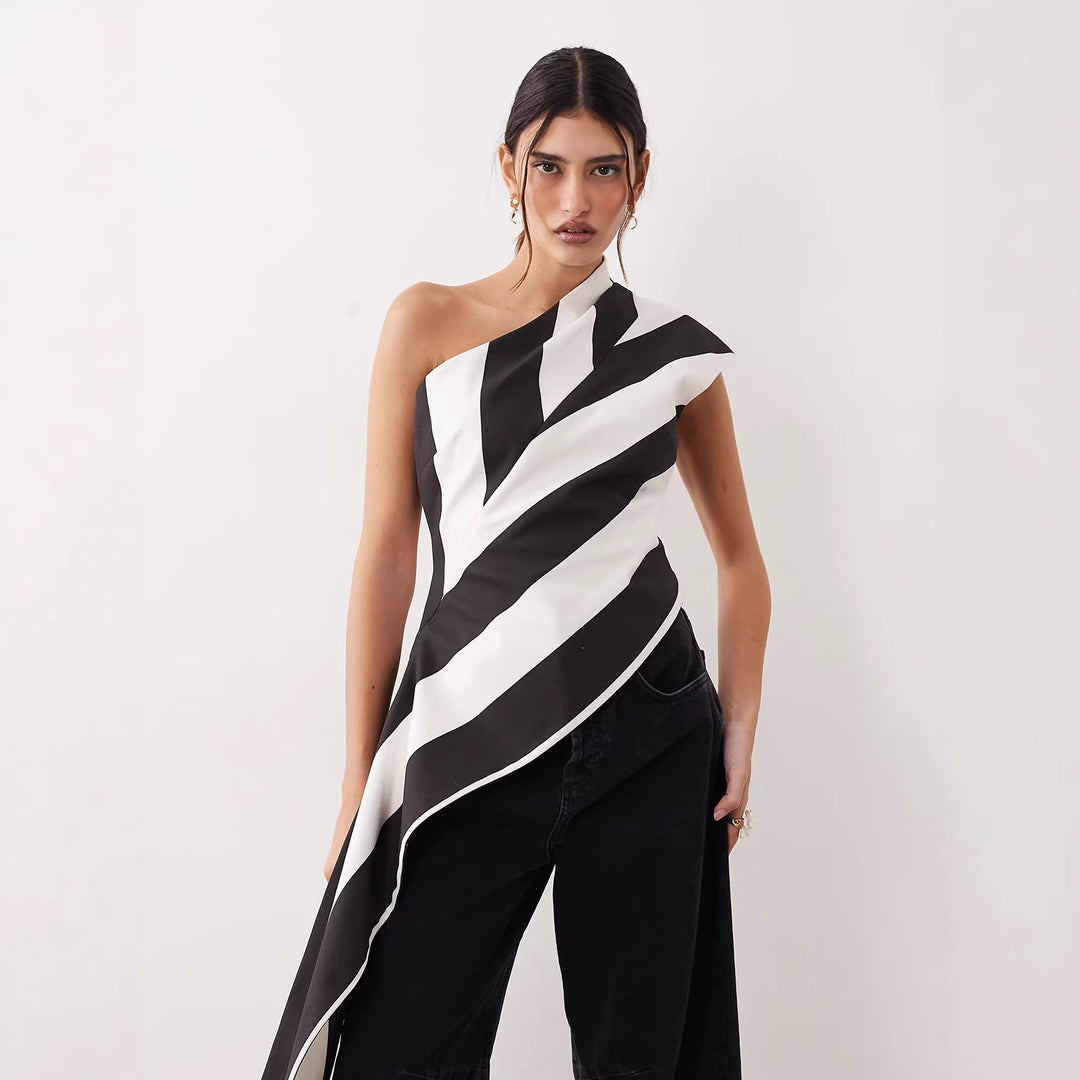 Damen asymmetrisches Wickeloberteil mit Streifenmuster EB