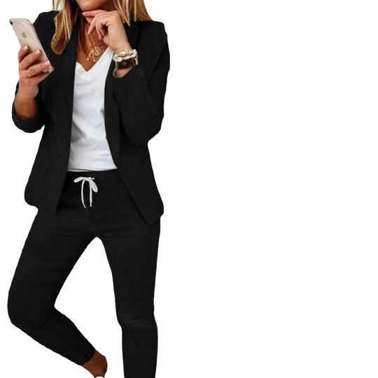 Damen nan Smart-Casual Blazer-Set mit offenem Longblazer und tapered Jogpant mit Kordelzug EB