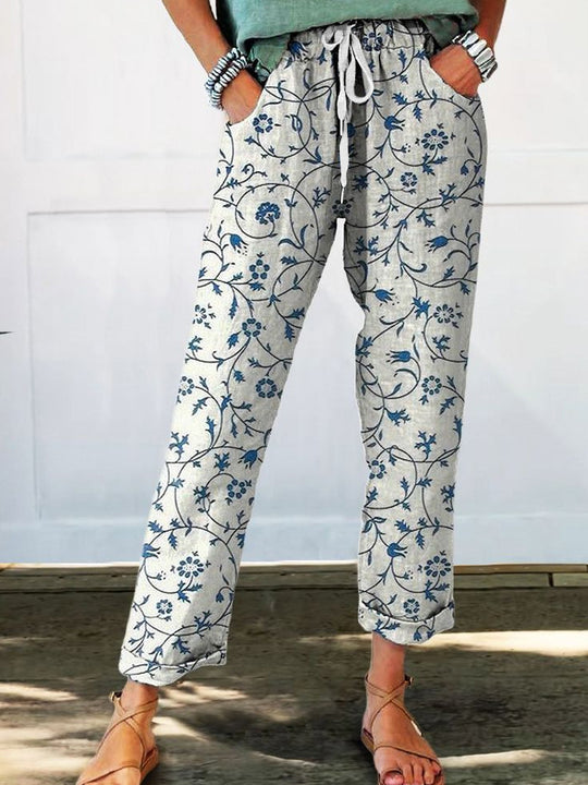 Damen Leinenoptik-Hose mit floralem Print, weitem Bein und Tunnelzug EB