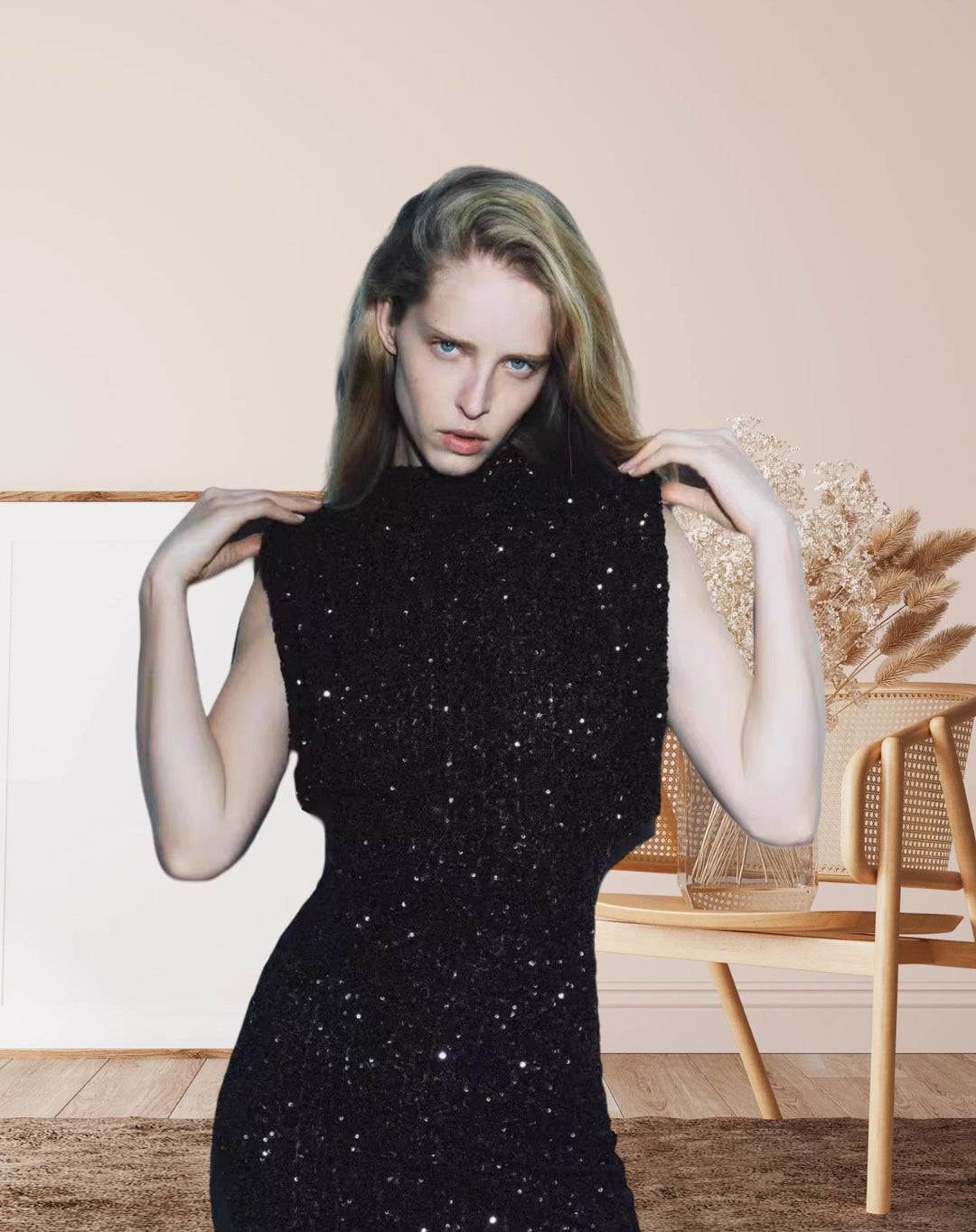 Damen Elegantes Cocktailkleid mit funkelndem Paillettendesign und hochgeschlossenem Stehkragen EB