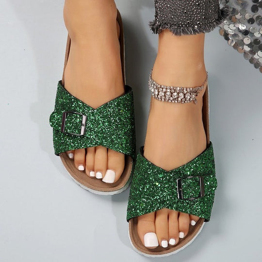 Damen Glitzernde Slides mit verstellbarem Schnallen-Design EB