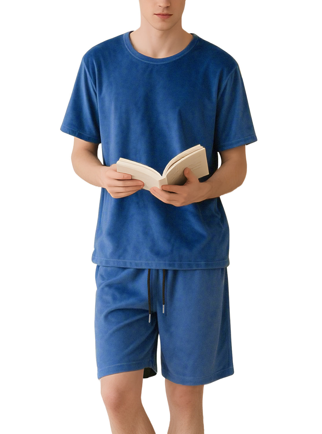 Herren nan Samtvelours Lounge-Set mit Rundhals-Kurzarmshirt und Kordelshorts EB