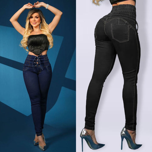 Damen Skinny Jeans mit modischem Schnürdetail und hohem Taillenbund EB