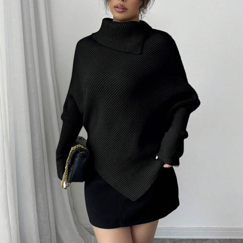 Damen Asymmetrischer Rippenstrick-Poncho mit hohem Rollkragen und verlängerten Ärmeln EB